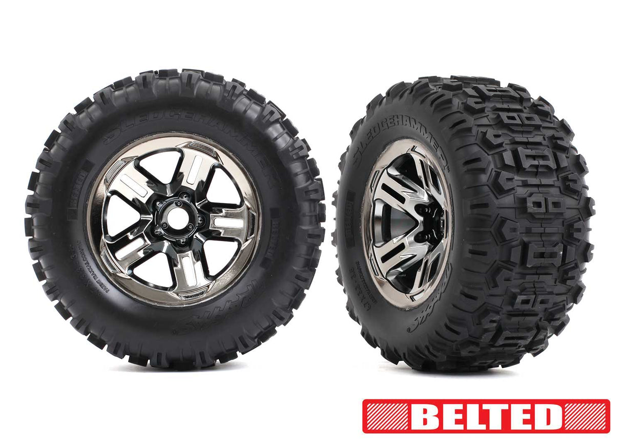 Traxxas 3.8" Blk Chrome Wheels & Belted Sledgehammer Tires (2)