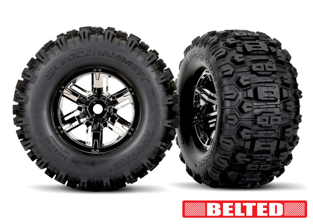 Blk Chrm X-Maxx Wheels & Belted Sledgehammer Tires (2)