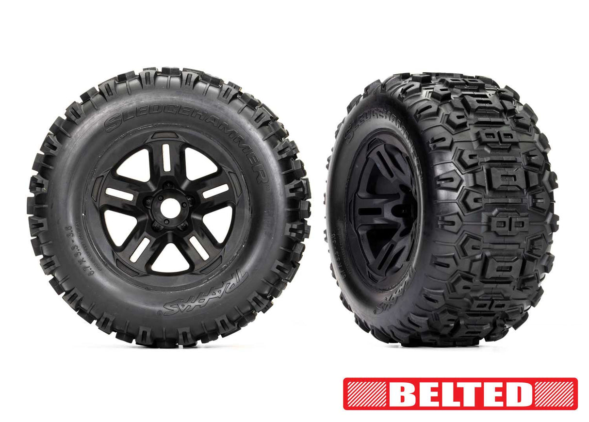 Traxxas 3.8" Black Wheels & Belted Sledgehammer Tires (2)