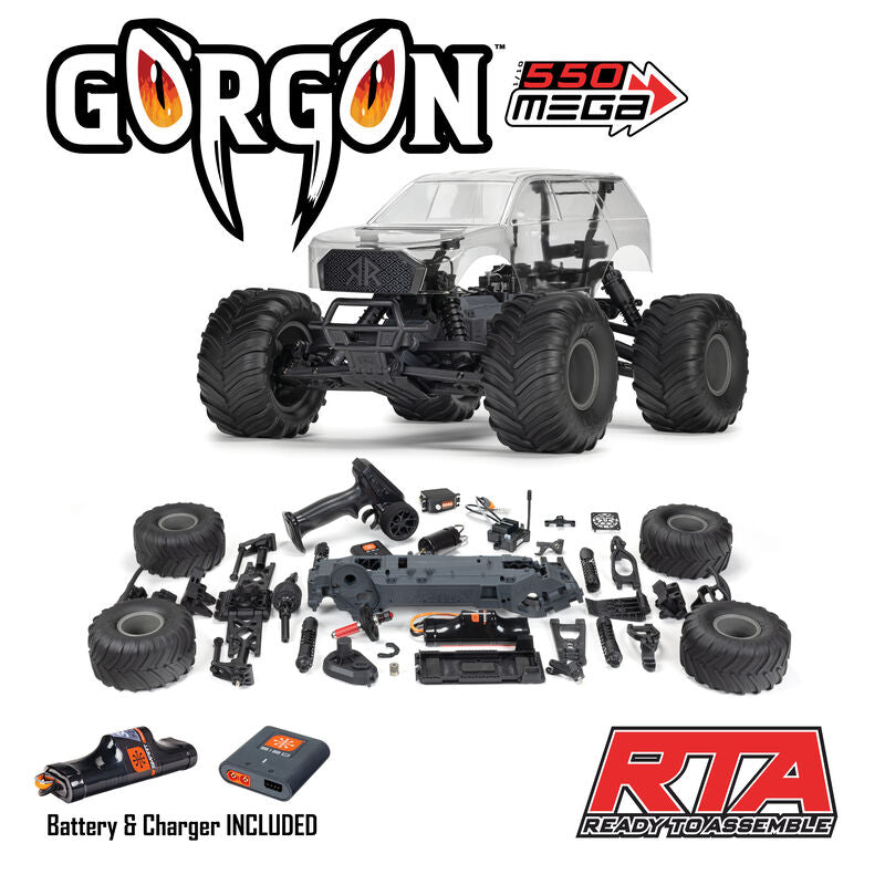 1/10 GORGON 2WD RTA Kit Brushed Monster Truck (Battery & Charger Included), Clear